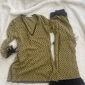 Zara Yellow and Black Patterned Outfit with Feather Accents